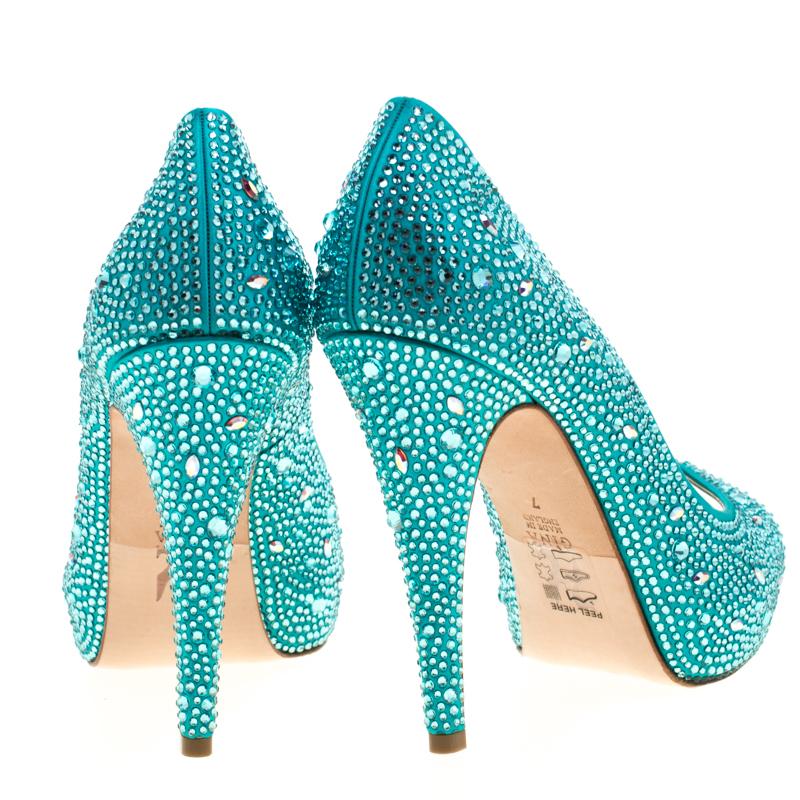 Women's Gina Blue Satin Crystal Embellished Peep Toe Platform Pumps Size 40