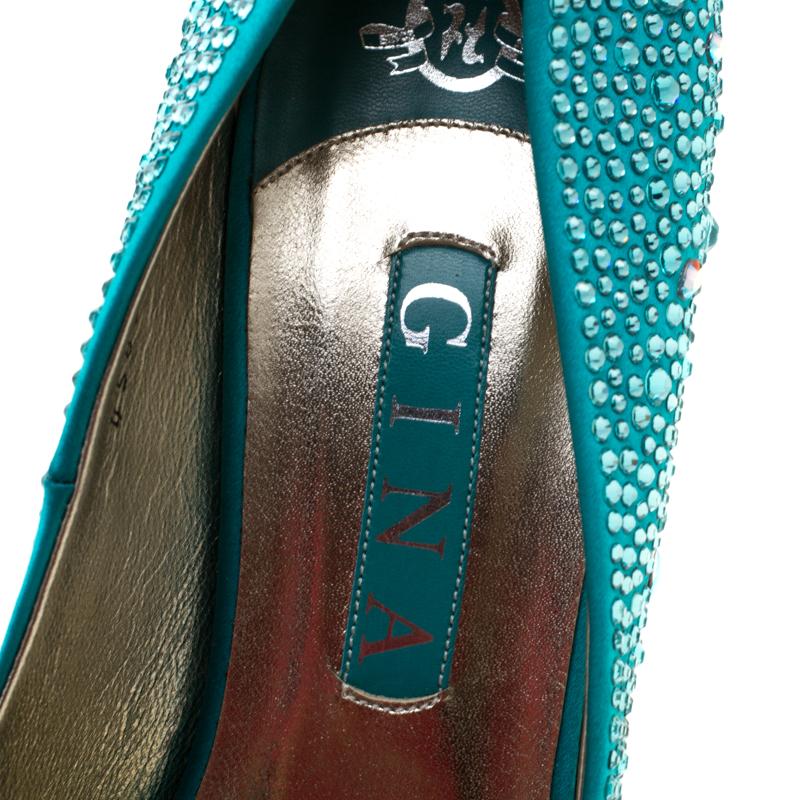 Gina Blue Satin Crystal Embellished Peep Toe Platform Pumps Size 40 2