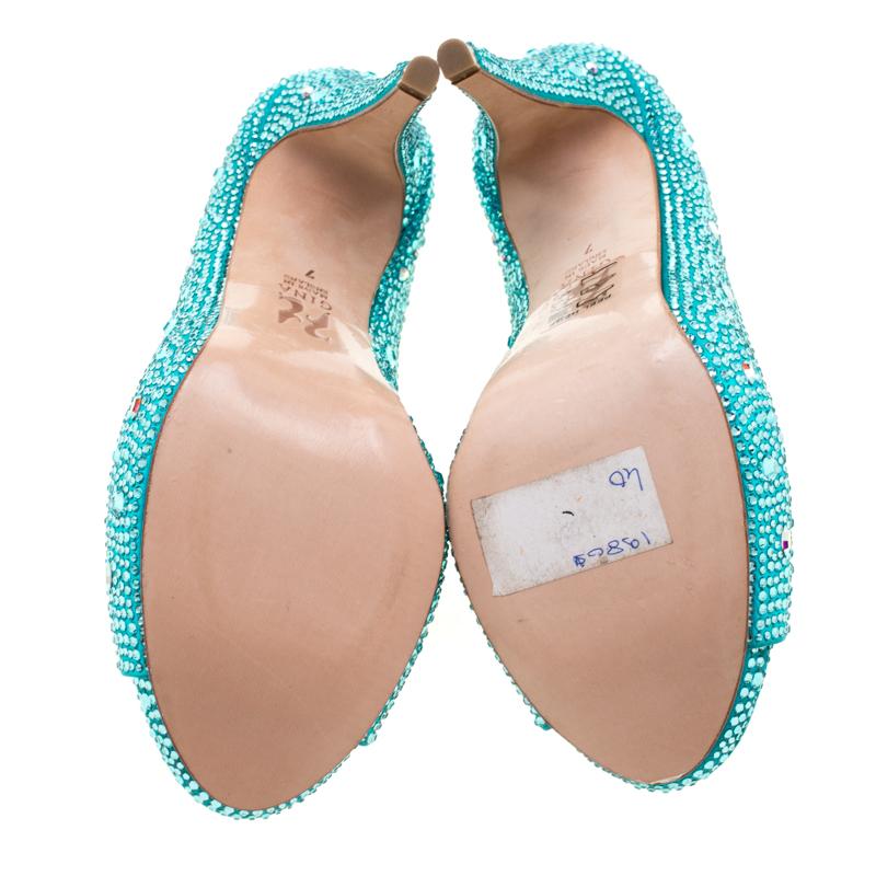 Gina Blue Satin Crystal Embellished Peep Toe Platform Pumps Size 40 3