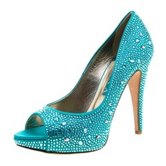 Gina Blue Satin Crystal Embellished Peep Toe Platform Pumps Size 40