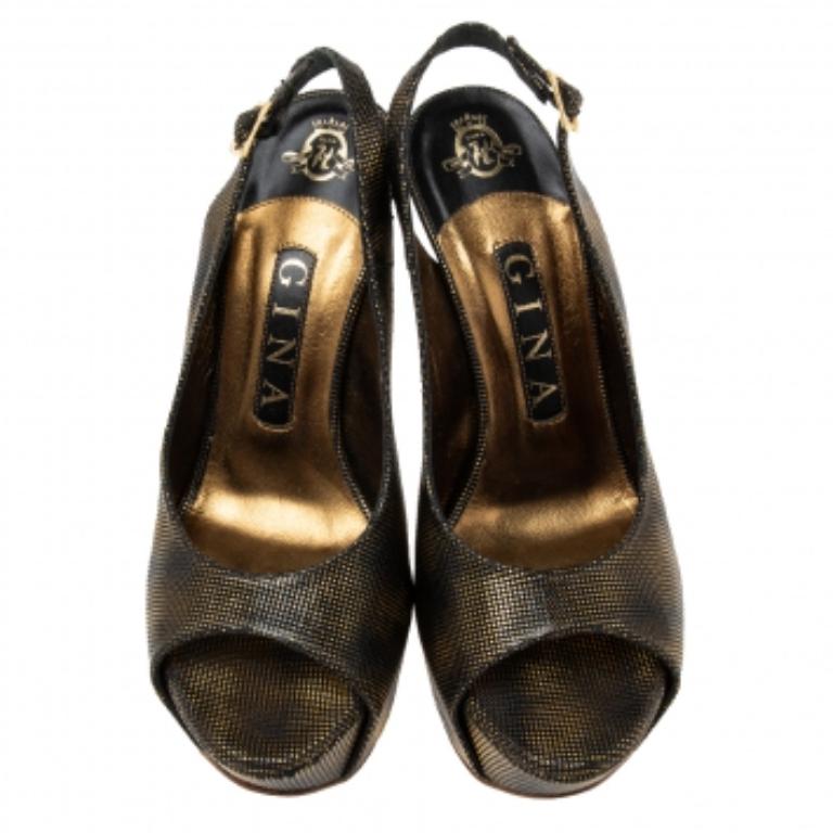 Gina Bronze/Black Texture Leather Peep Toe Platform Slingback Pumps Size 37 For Sale 1