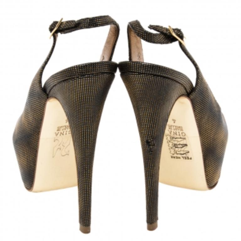 Gina Bronze/Black Texture Leather Peep Toe Platform Slingback Pumps Size 37 For Sale 2