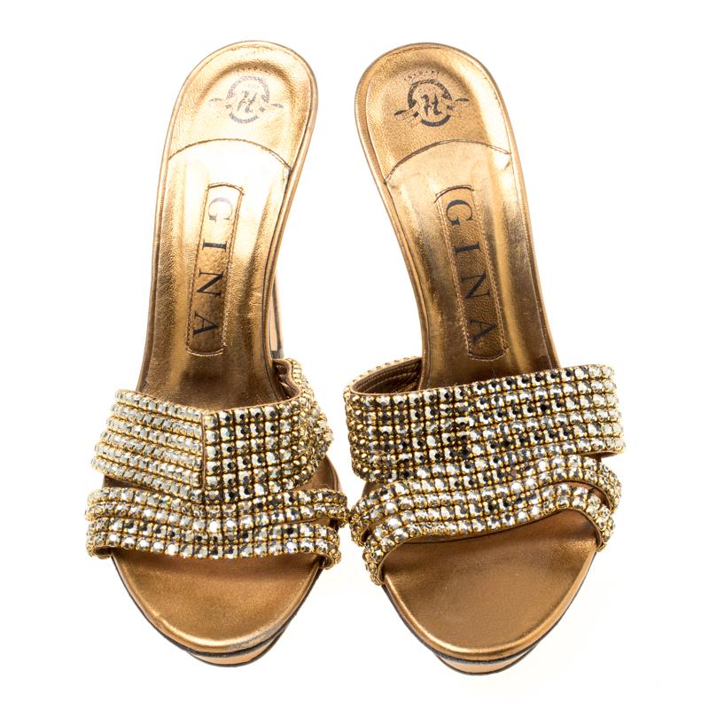 Beige Gina Bronze Crystal Embellished Leather Platform Sandals Size 37
