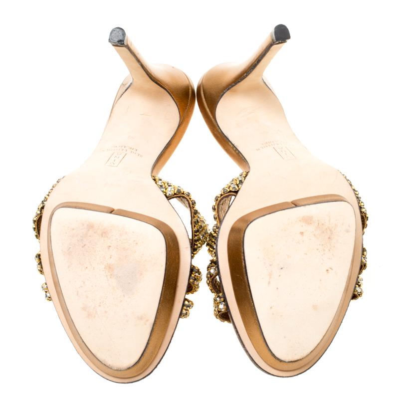Gina Bronze Crystal Embellished Leather Platform Sandals Size 37 In Good Condition In Dubai, Al Qouz 2