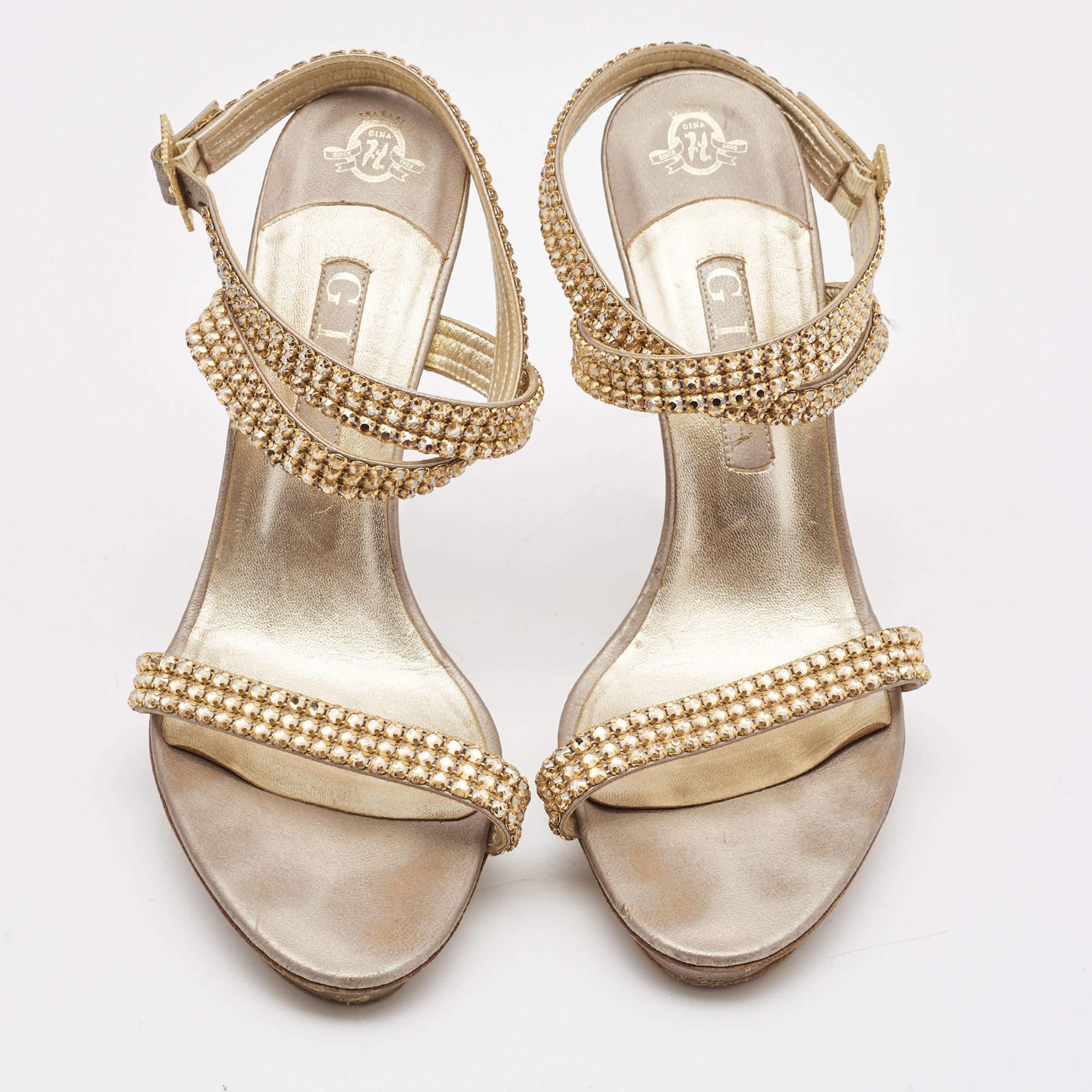 Beige Gina Bronze/Gold Leather Crystal Platform Ankle Strap Sandals Size 40
