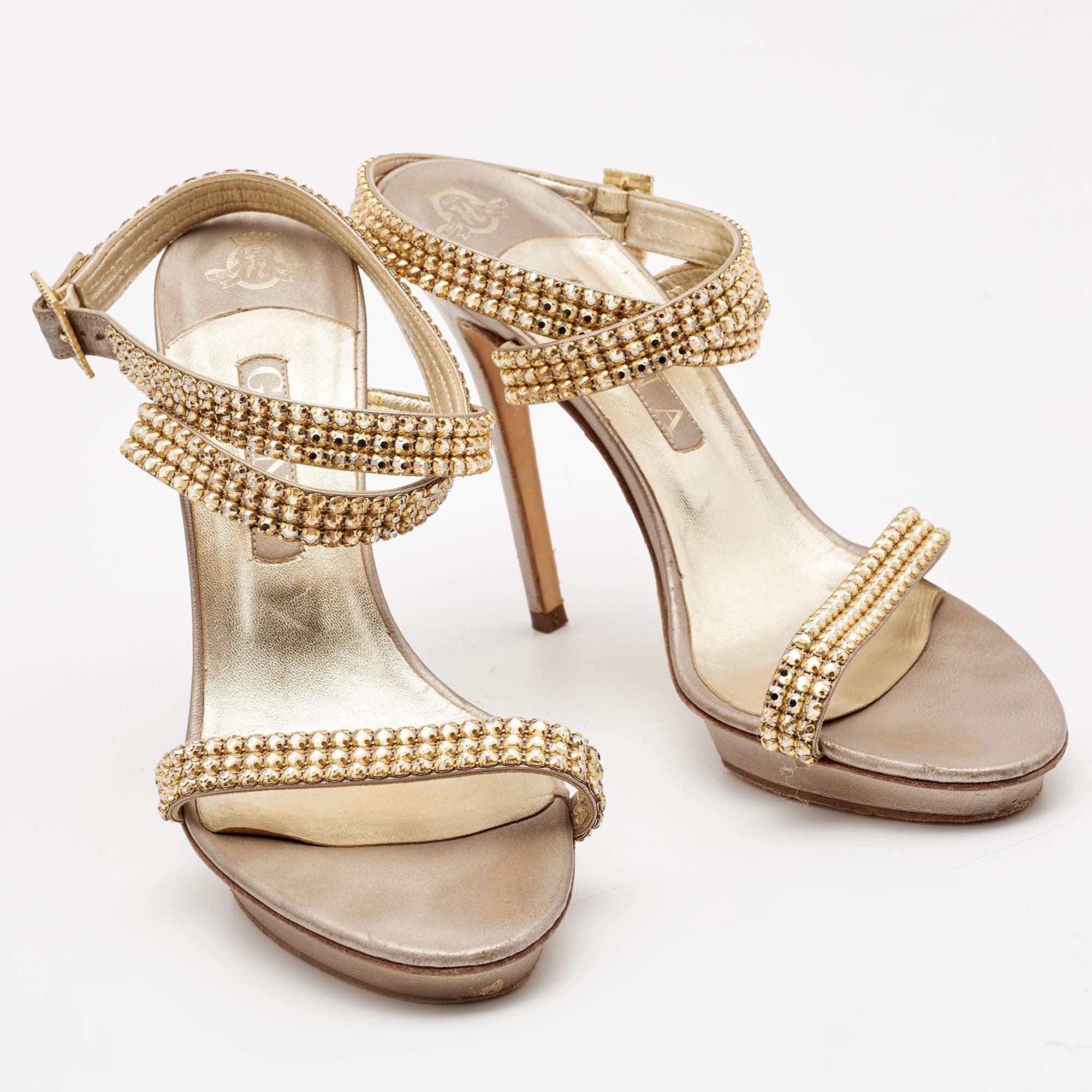 Gina Bronze/Gold Leather Crystal Platform Ankle Strap Sandals Size 40 In Good Condition In Dubai, Al Qouz 2