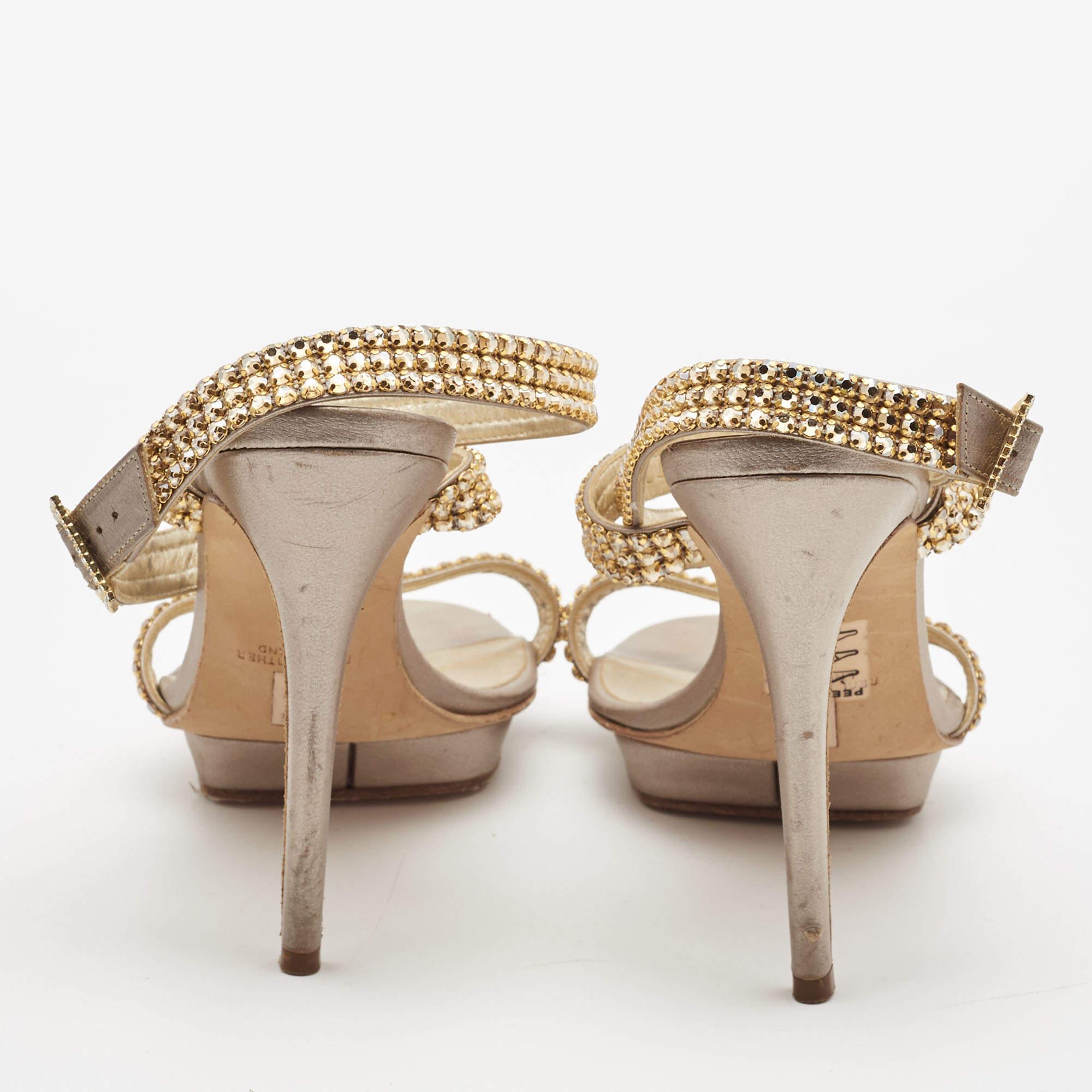 Women's Gina Bronze/Gold Leather Crystal Platform Ankle Strap Sandals Size 40