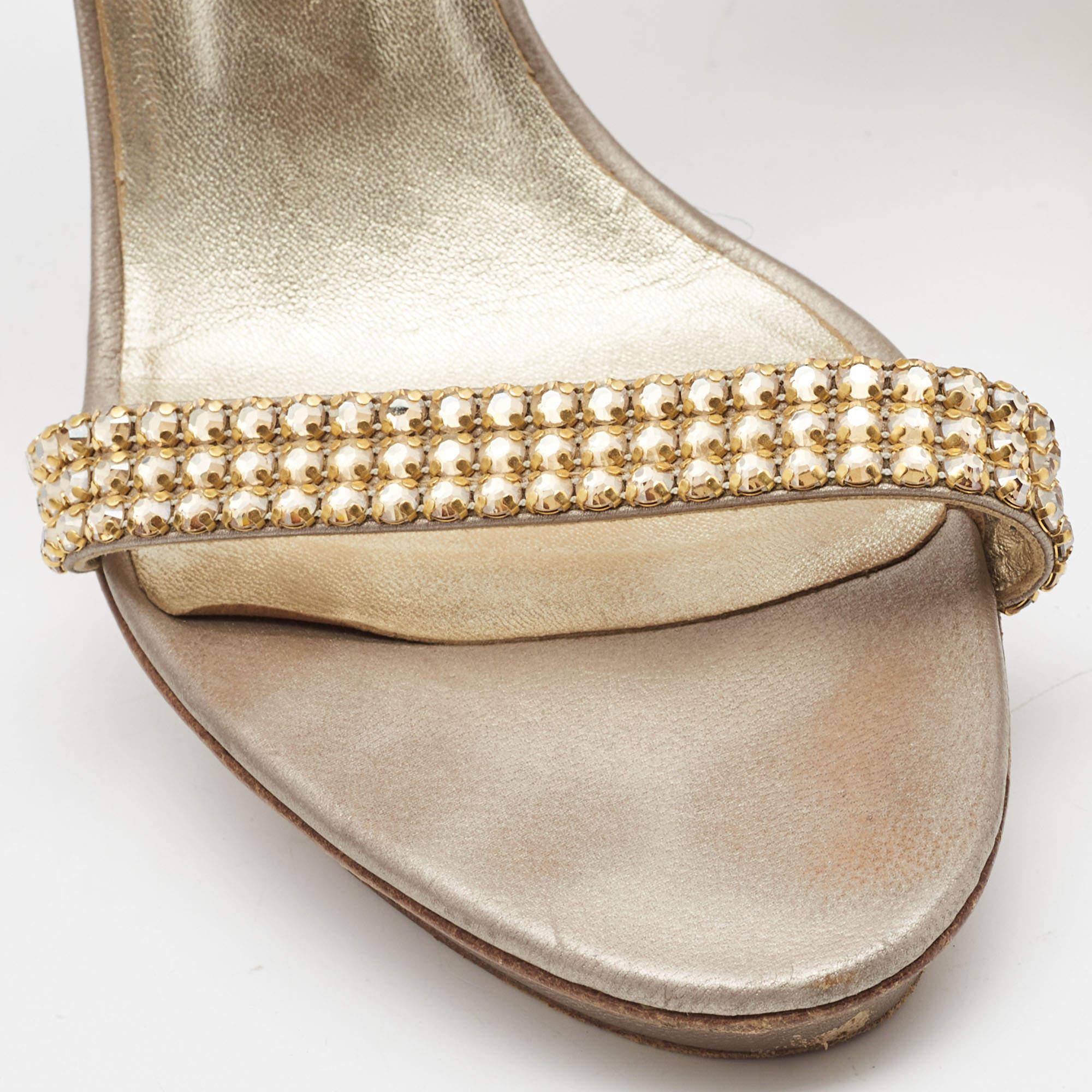 Gina Bronze/Gold Leather Crystal Platform Ankle Strap Sandals Size 40 3
