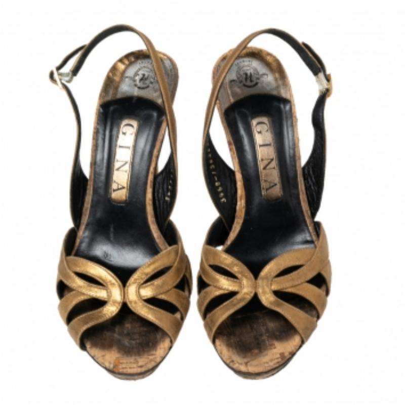 Gina Bronzefarbene Plateausandalen aus Leder mit Riemchen und Slingback Größe 38 im Zustand „Relativ gut“ im Angebot in Dubai, Al Qouz 2