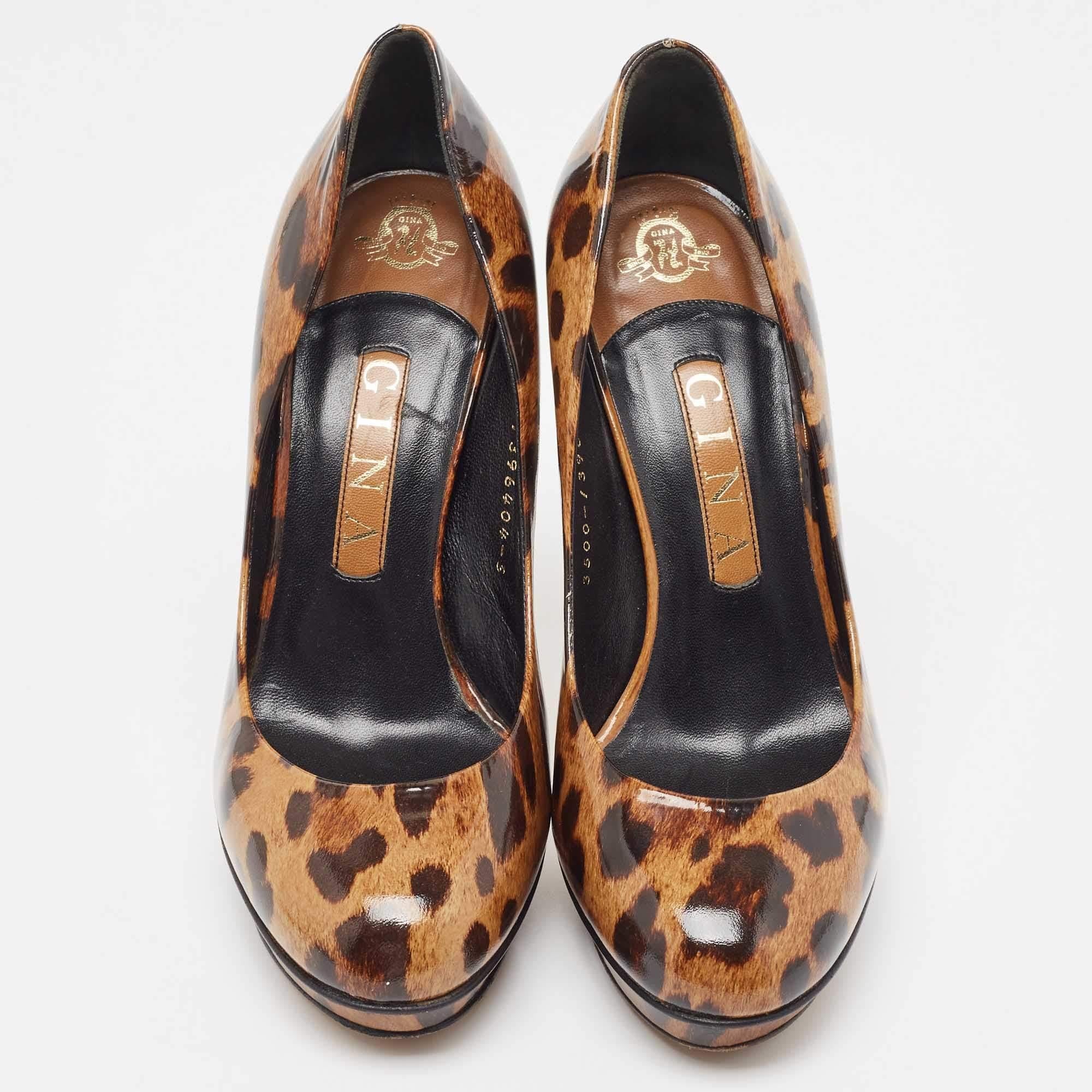 Marron Gina Brown/Beige Leopard Print Patent Round Toe Pumps Size 38