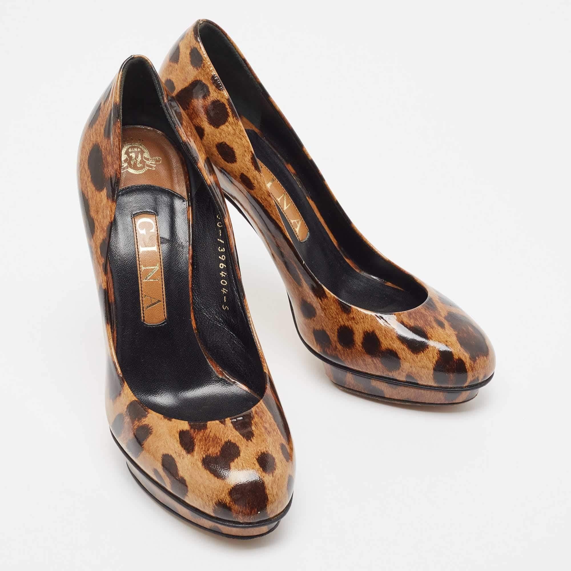 Gina Brown/Beige Leopard Print Patent Round Toe Pumps Size 38 Bon état à Dubai, Al Qouz 2