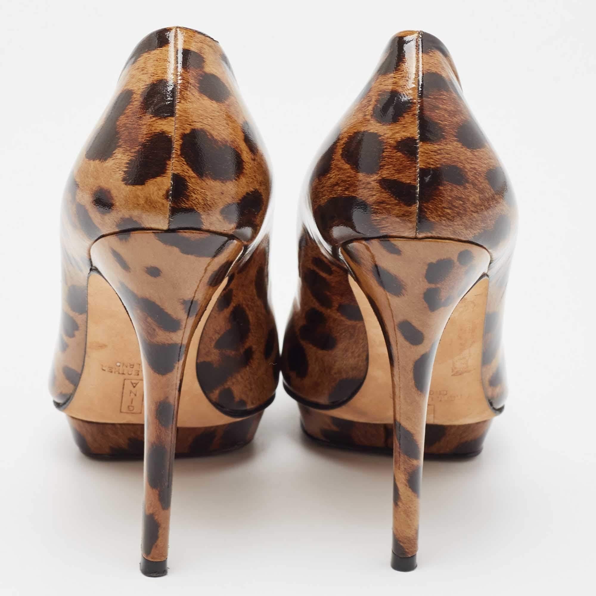  Gina Brown/Beige Leopard Print Patent Round Toe Pumps Size 38 Pour femmes 