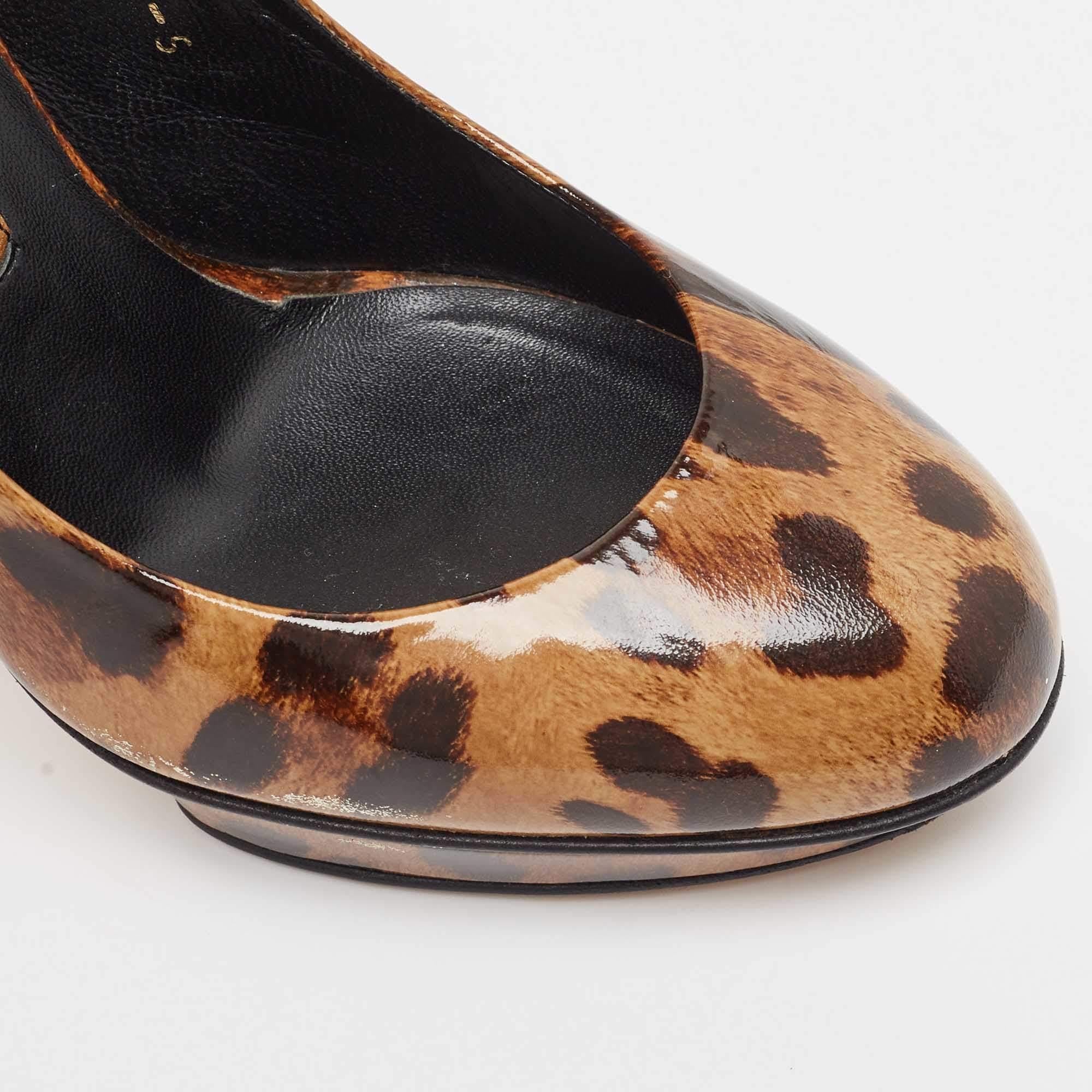 Gina Brown/Beige Leopard Print Patent Round Toe Pumps Size 38 2