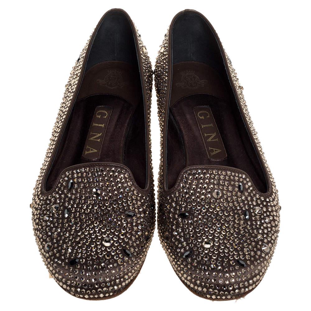 Black Gina Brown Crystal Embellished Satin Ballet Flats Size 38.5
