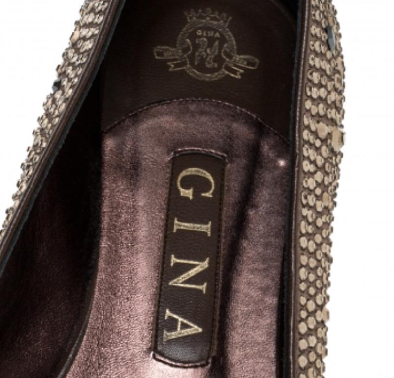 Black Gina Brown Crystal Embellished Satin Ballet Flats Size 38.5 For Sale