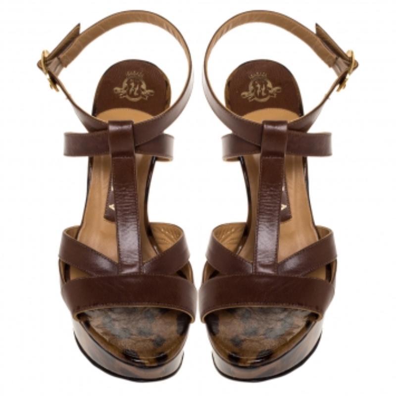 Women's Gina Brown Leather And Leopard Print Patent Platform Ankle Strap Sandals Size 36 For Sale