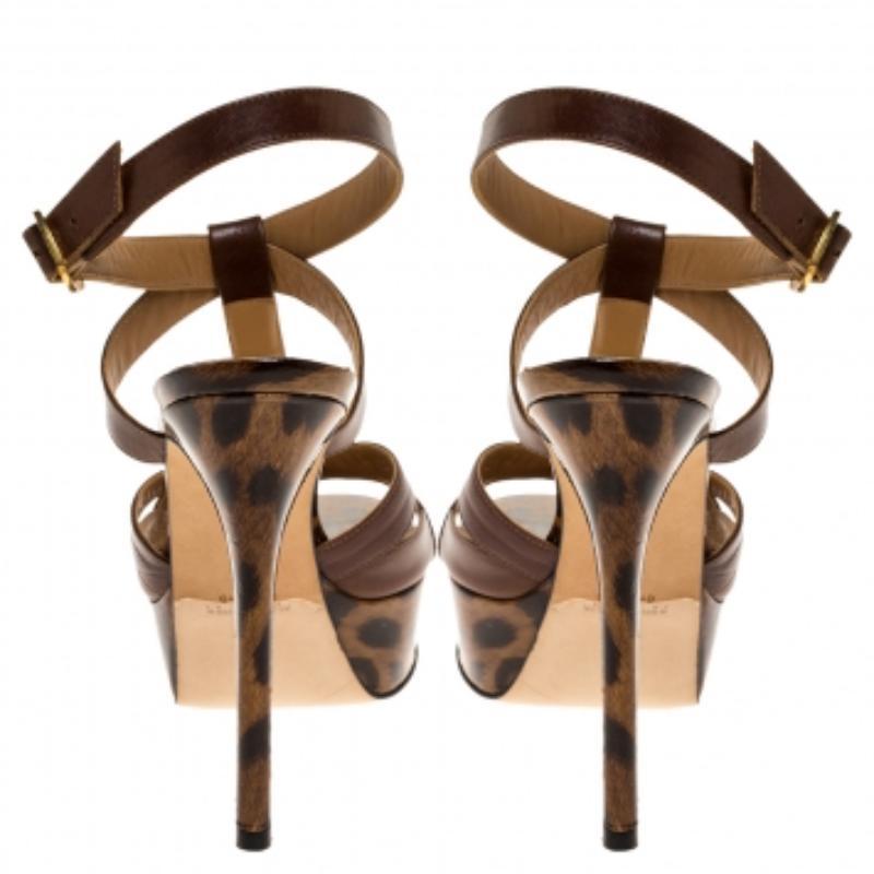 Gina Brown Leather And Leopard Print Patent Platform Ankle Strap Sandals Size 36 For Sale 1