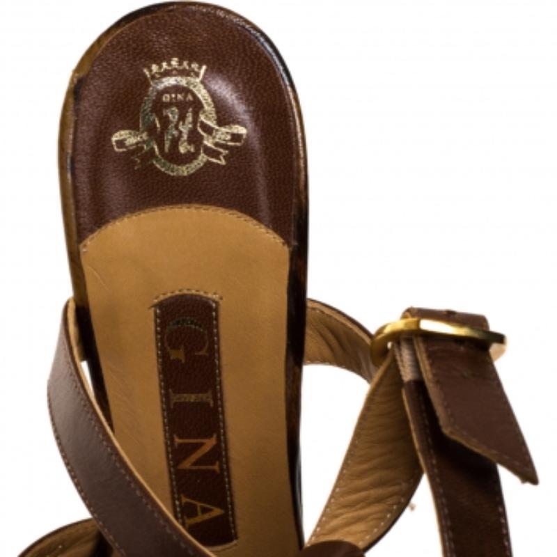 Gina Brown Leather And Leopard Print Patent Platform Ankle Strap Sandals Size 36 For Sale 2