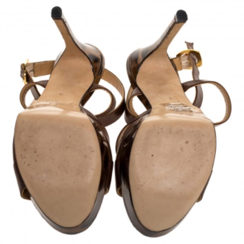 Gina Brown Leather And Leopard Print Patent Platform Ankle Strap Sandals Size 36 For Sale 3