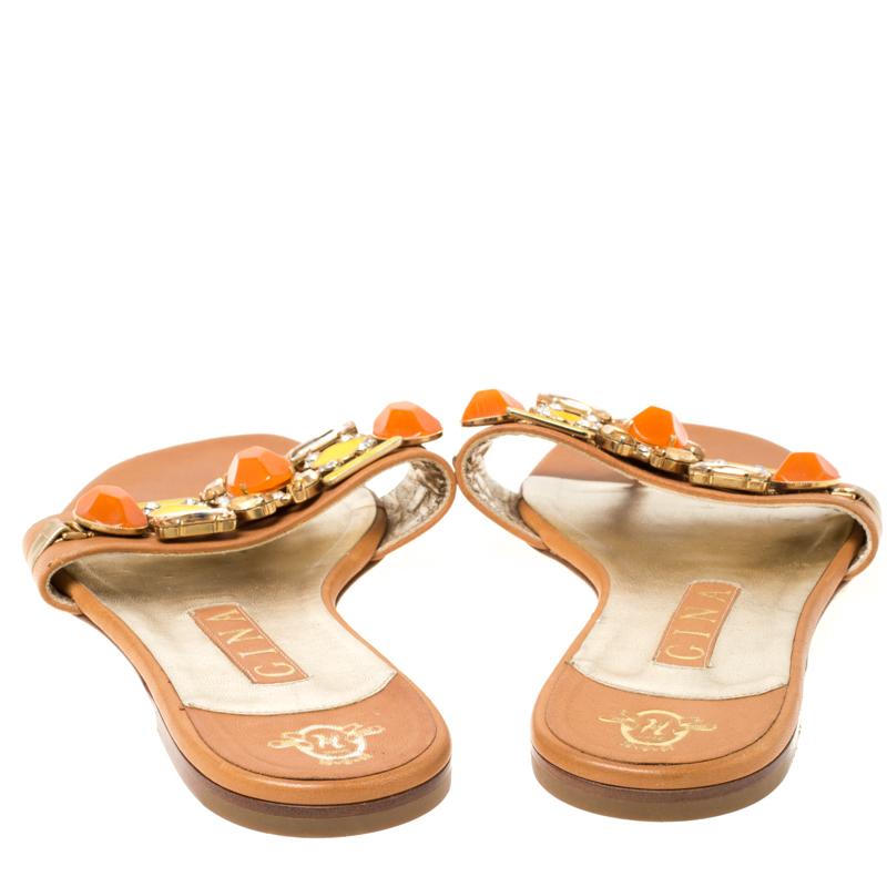 Gina Brown Leather Crystal Embellished Flat Slides Size 39 In Good Condition In Dubai, Al Qouz 2