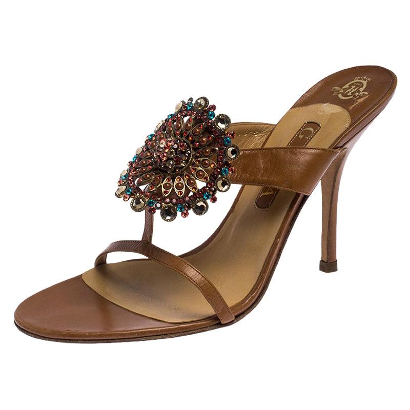 Gina Brown Leather Crystal Embellished Flat Slides Size 39 For Sale at ...