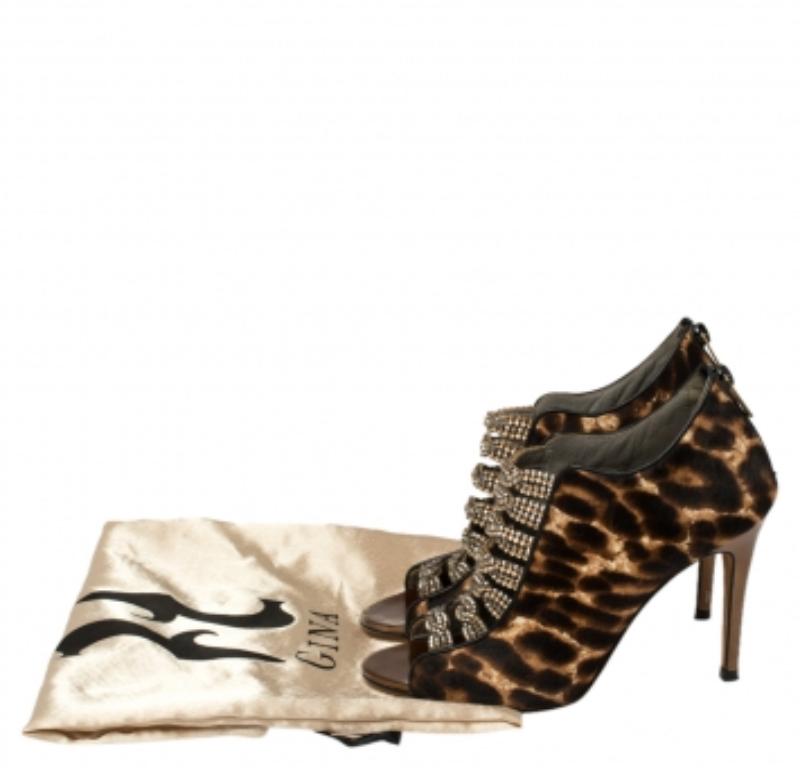 Gina Brown Leopard Print Calf Hair Embellished Sandals Size 37.5 For Sale 6