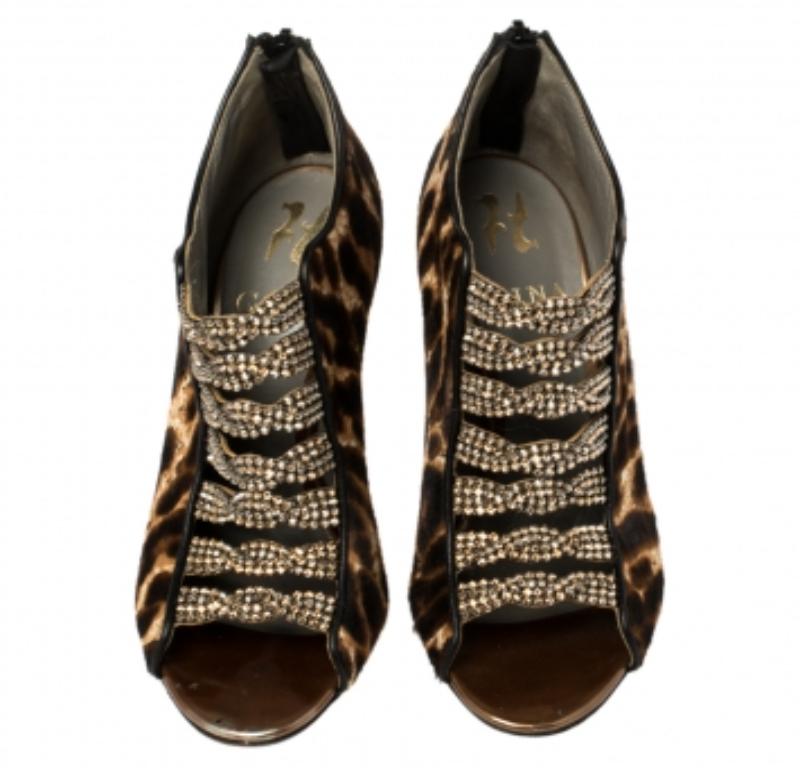 Black Gina Brown Leopard Print Calf Hair Embellished Sandals Size 37.5 For Sale