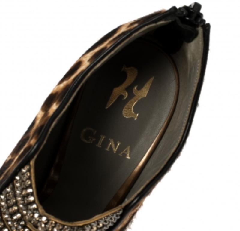 Women's Gina Brown Leopard Print Calf Hair Embellished Sandals Size 37.5 For Sale