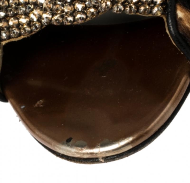 Gina Brown Leopard Print Calf Hair Embellished Sandals Size 37.5 For Sale 1