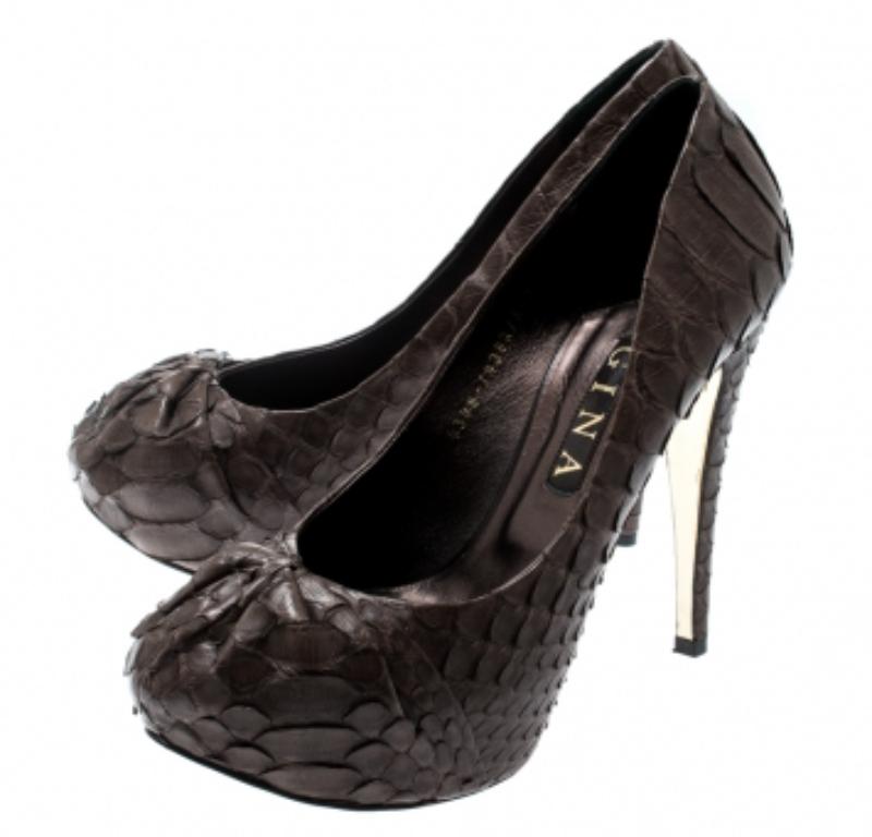 Gina, pelle di pitone marrone, Elle Platform Pumps, misura 40,5 in vendita 2