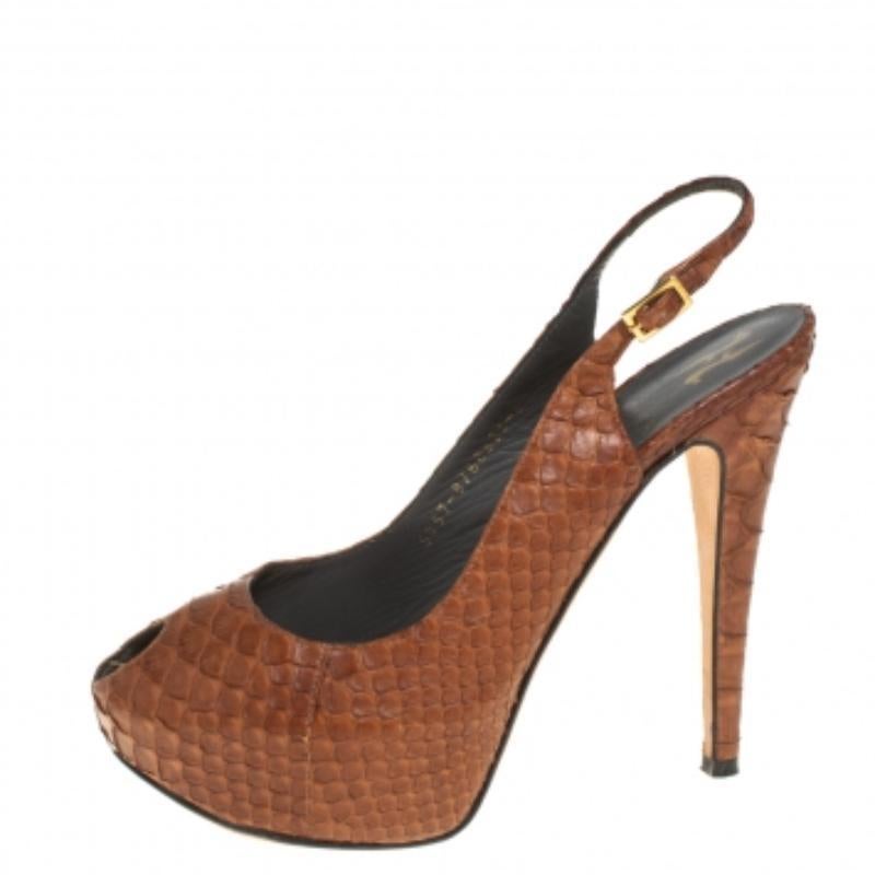 Gina Brown Python Peep Toe Platform Slingback Sandals Size 39 For Sale 1