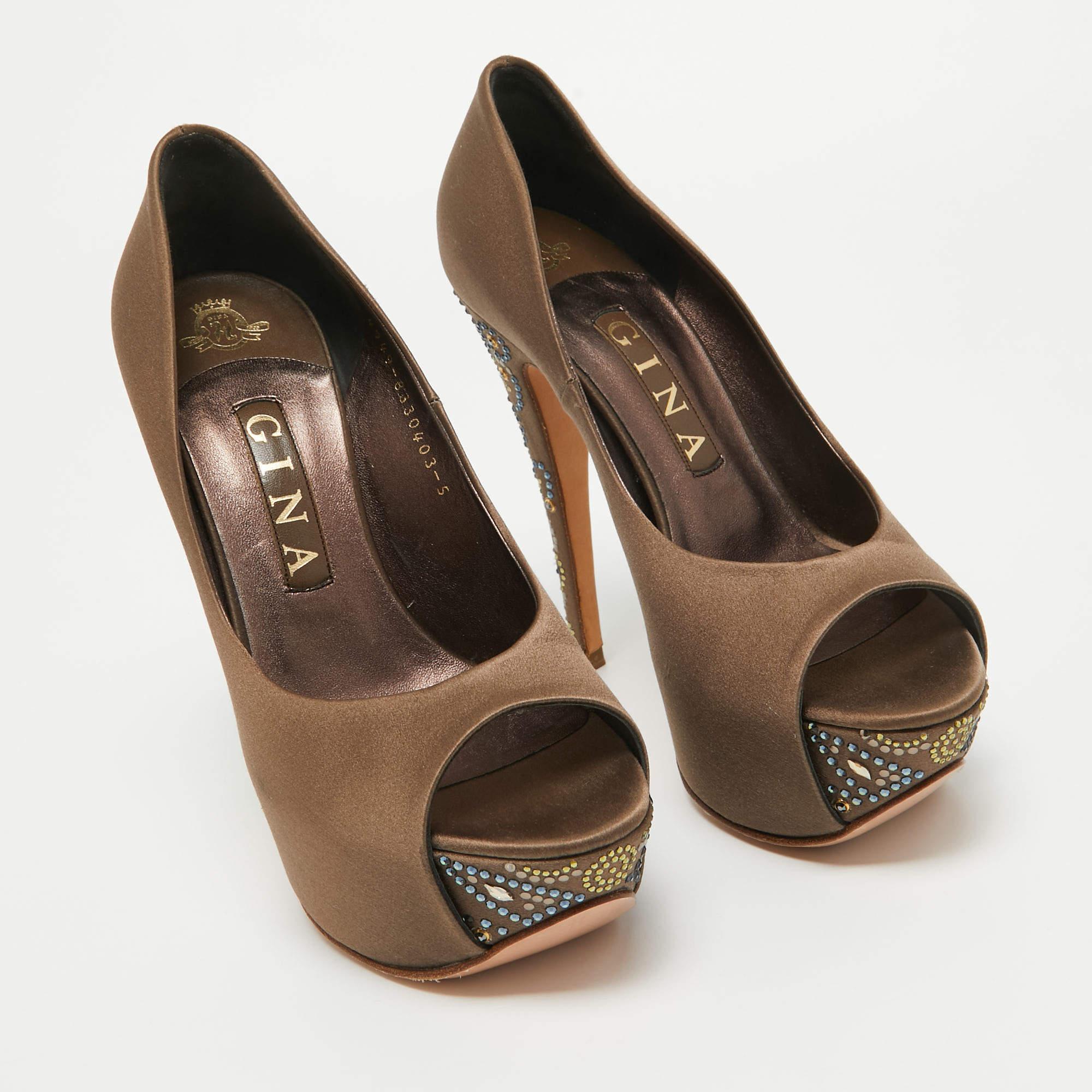 Women's Gina Brown Satin Crystal Embellished Open Toe Pumps Size 38