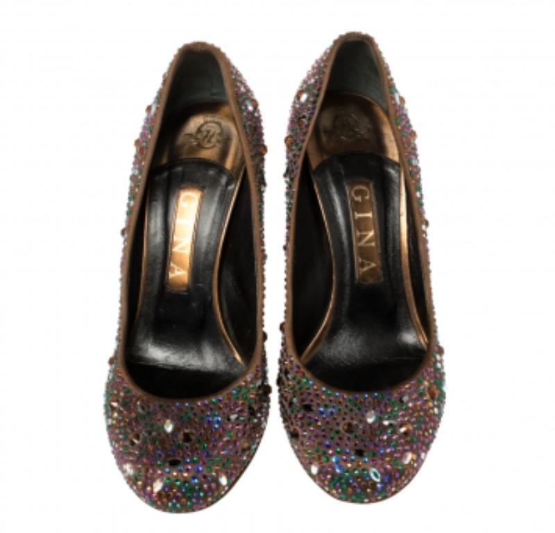 Black Gina Brown Satin Crystal Embellished  Pumps Size 38.5 For Sale