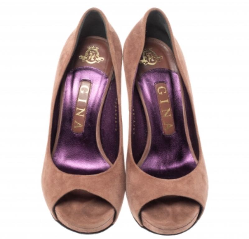 Gina Brown Suede Peep Toe Platform Pumps Size 38 In Fair Condition For Sale In Dubai, Al Qouz 2