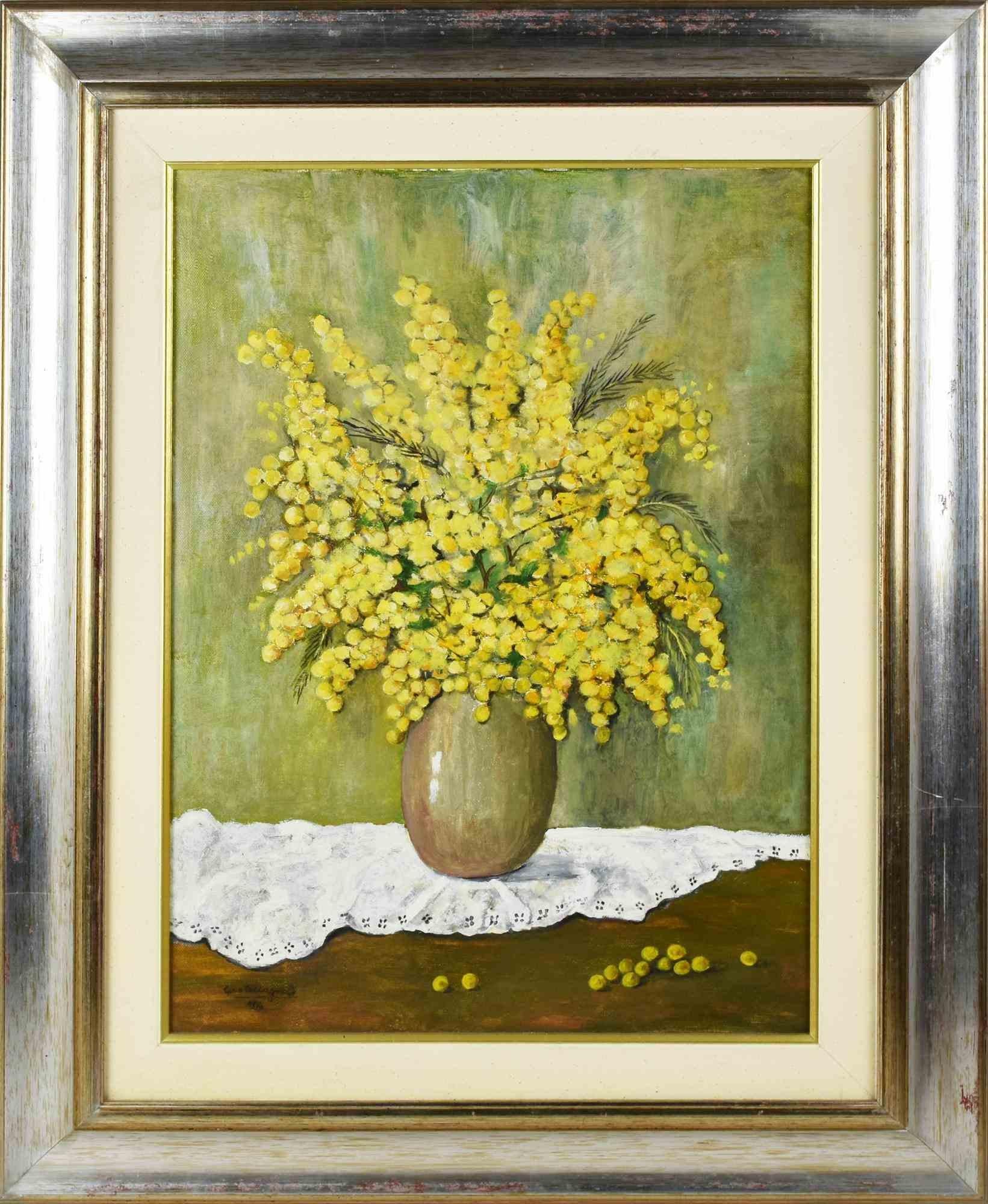 Mimosas ist ein originelles zeitgenössisches Kunstwerk von Gina Ceccagnoli aus dem Jahr 1996.

Acryl-Tempera auf Leinwand.

Handsigniert und datiert am linken unteren Rand

Artit's Atelier auf der Rückseite.

Einschließlich Rahmen.

