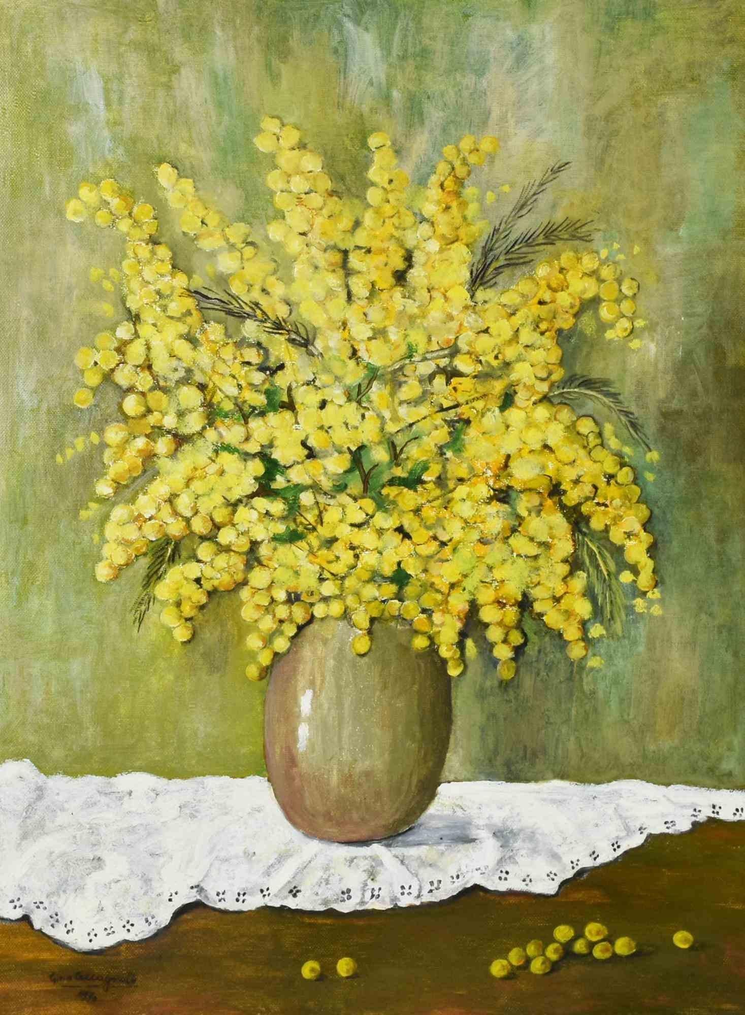 Mimosas - Huile Tempera sur toile de Gina Ceccagnoli - 1996 en vente 1