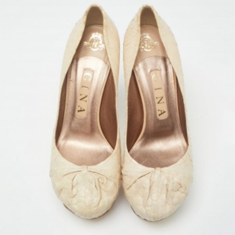 Beige Gina Cream Python Embossed Leather Elle Platform Pumps Size 37.5 For Sale