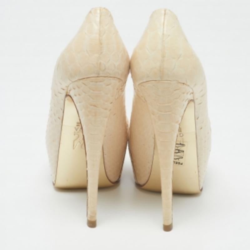 Gina Cream Python Embossed Leather Elle Platform Pumps Size 37.5 For Sale 1