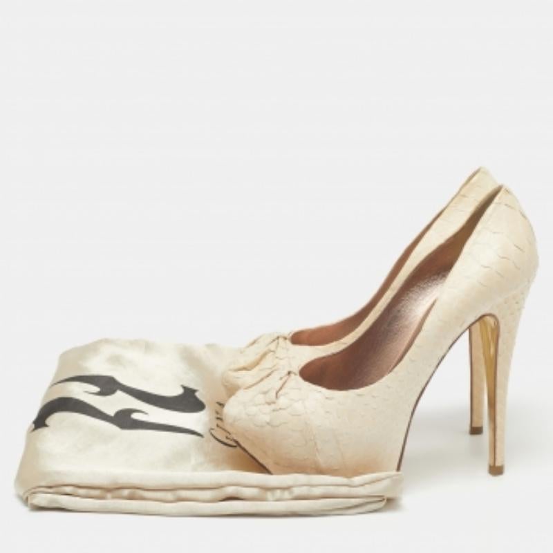 Gina Cream Python Embossed Leather Elle Platform Pumps Size 37.5 For Sale 4