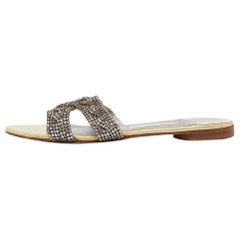Gina Cream/Silver Crystal Embellished Leather Flat Slides Size 38.5