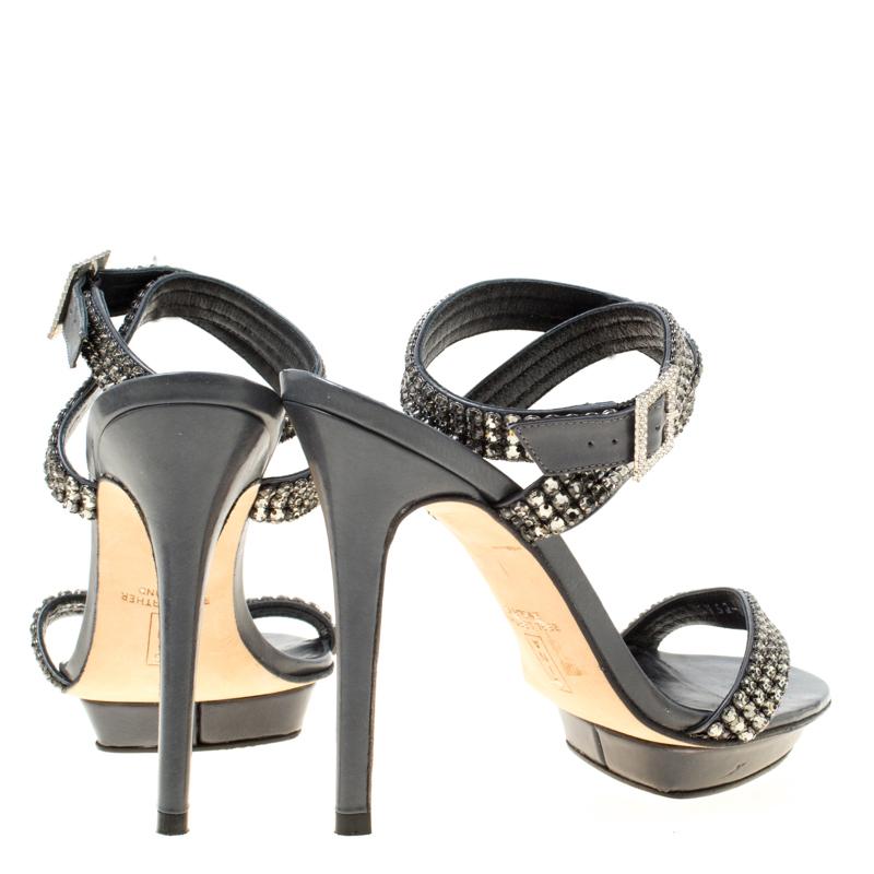 Gina Dark Grey Crystal Embellished Leather Cross Ankle Strap Sandals Size 37 In Good Condition For Sale In Dubai, Al Qouz 2