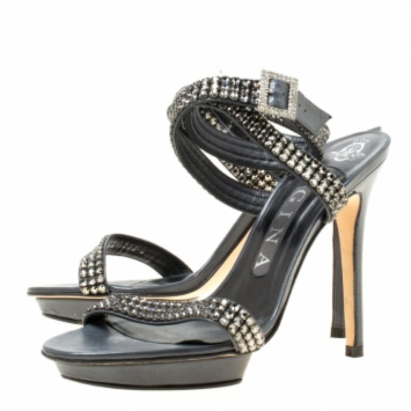 Gina - Sandales à lanières croisées en cuir ornées de cristaux gris foncé, taille 37 en vente 2