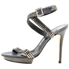 Gina Dark Grey Crystal Embellished Leather Cross Ankle Strap Sandals Size 37