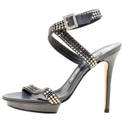 Gina Dark Grey Crystal Embellished Leather Cross Ankle Strap Sandals Size 37