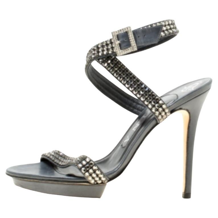 Gina - Sandales à lanières croisées en cuir ornées de cristaux gris foncé, taille 37 en vente