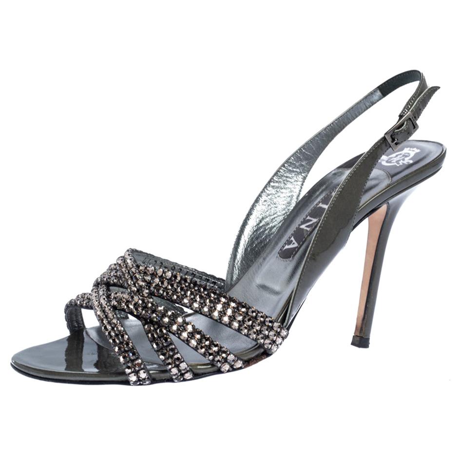 Gina Dark Grey Patent Leather Crystal Embellished Slingback Sandals Size 40.5