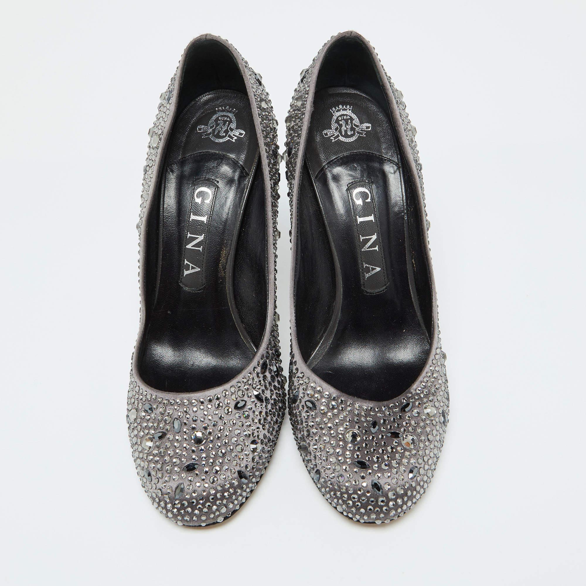 Gray Gina Dark Grey Satin Crystal Embellished Pumps Size 38 For Sale