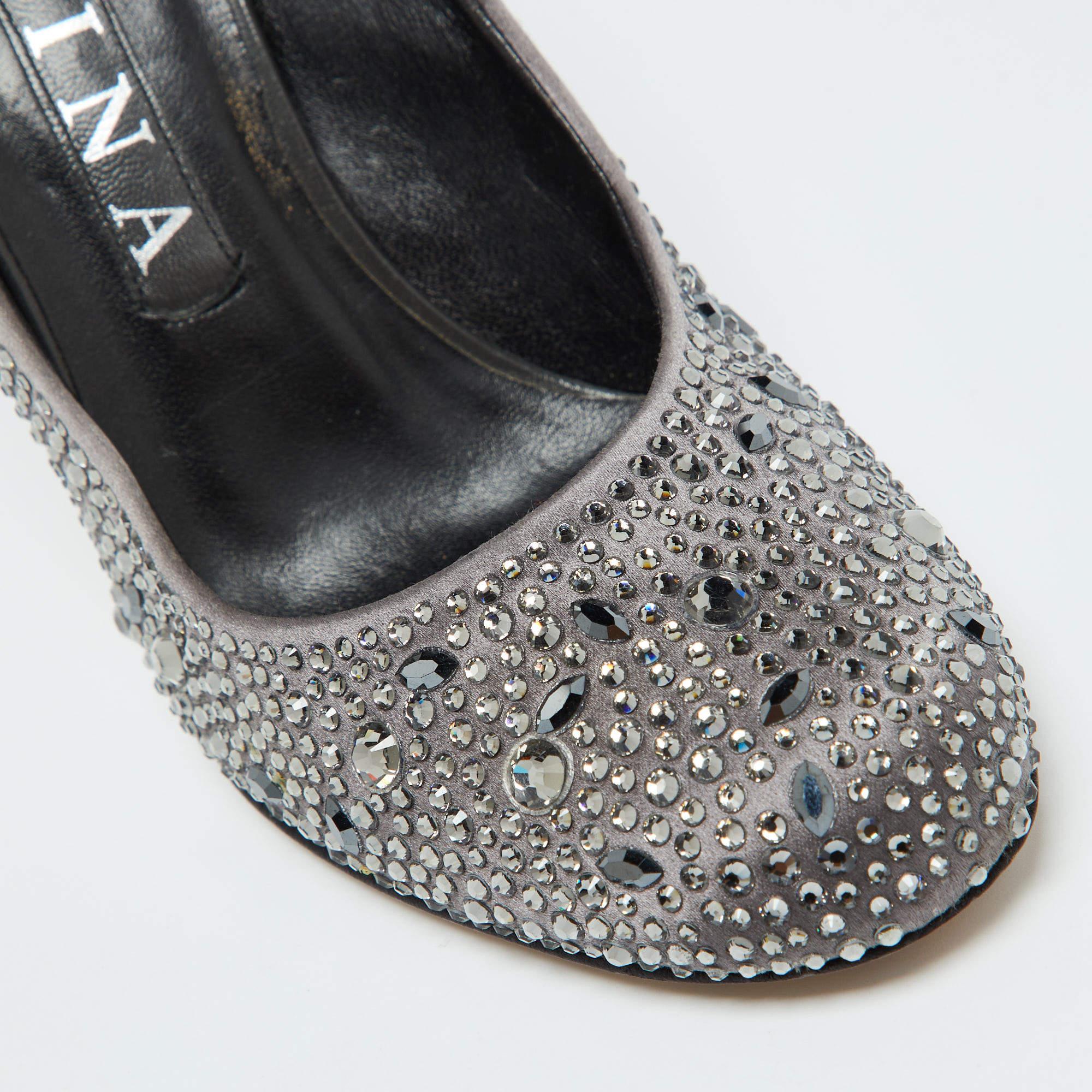 Gina Dark Grey Satin Crystal Embellished Pumps Size 38 For Sale 3