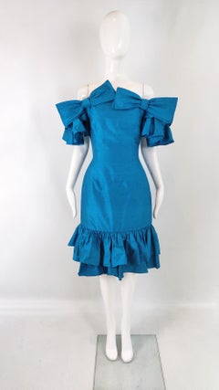 Gina Fratini Vintage 80s Blue Silk Ruffle Evening Cocktail Dress, 1980s