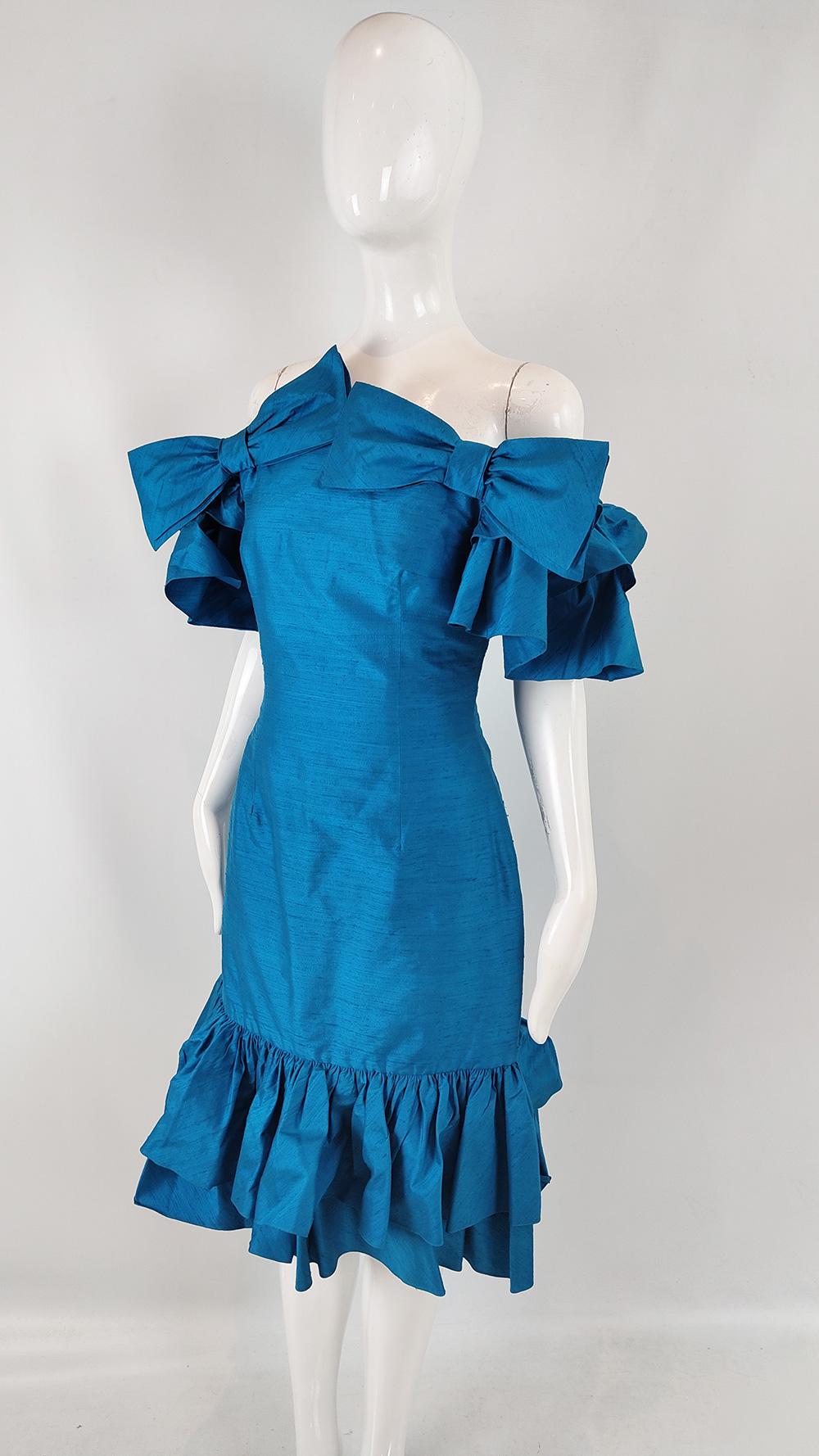 Gina Fratini Vintage 80s Blue Silk Ruffle Evening Cocktail Dress, 1980s In Excellent Condition In Doncaster, South Yorkshire